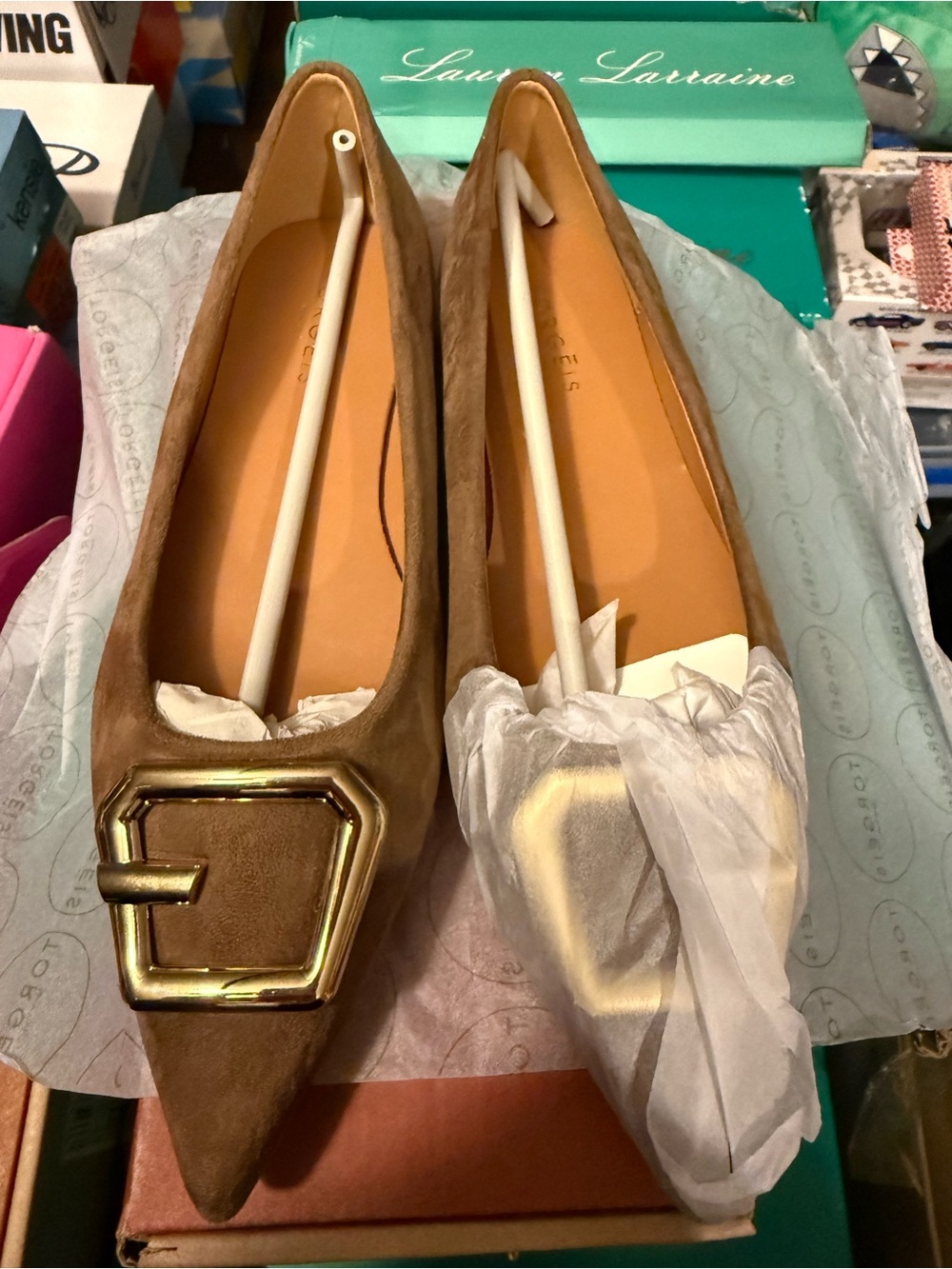 NIB Torgeis Taupe Suede Pointed Flats with Gold Buckle Women Size 8